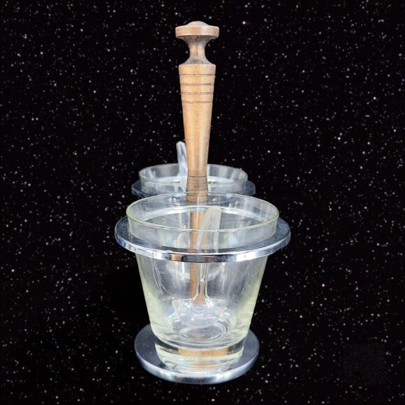 Mid Century Modern MCM Glass & Teak Condiment Server Vintage Relish Caddy Spoons - Picture 13 of 13